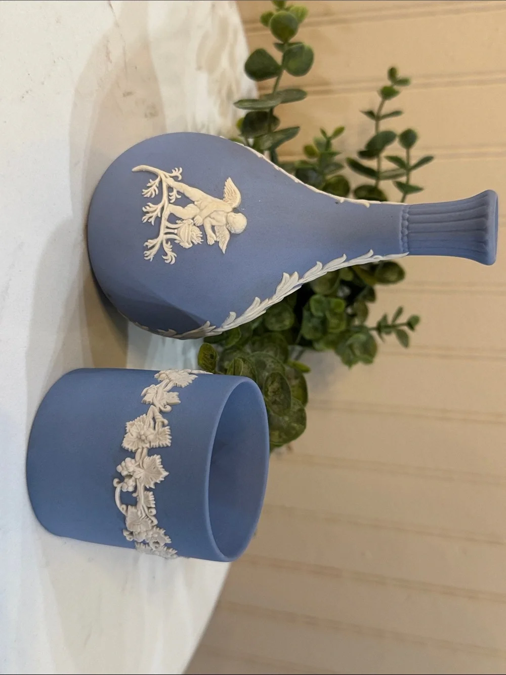 Set of 2 Vtg Jasperware Wedgewood Bud Vase Cherub and Toothpick Cigarette Holder